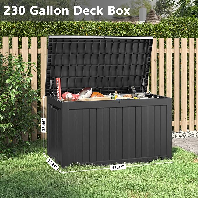 KAMABOKO 230 Gallon Outdoor Storage Box, Resin Deck Boxes Indoor and outdoor, Waterproof Storage Box Lockable Lid for Garden Tools, Package Delivery, Patio Cushions, Black-VerdiqueGarden