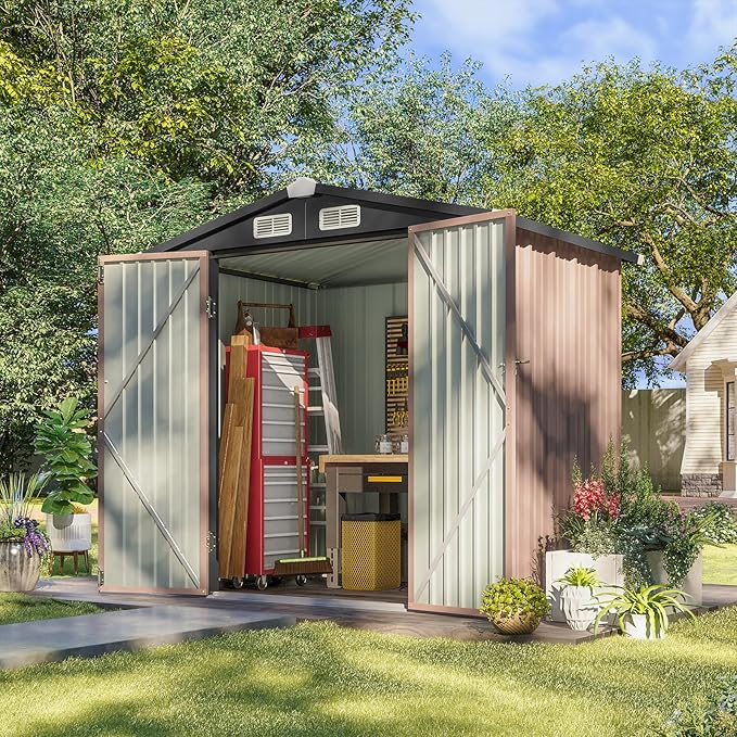 Aoxun 6.2x4 FT Shed Outdoor Storage Shed with Lockable Doors & Slooping Roof Metal Garden Tool Shed for Backyard, Patio, Poolside (Brown)-VerdiqueGarden