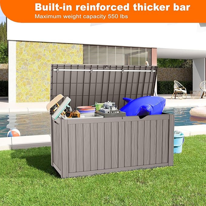 150 Gallon Resin Deck Box, Lockable Patio Outdoor Storage Box for Furniture, Garden Tools and Tools Storage, Waterproof Outside Storage Boxes - Grey-VerdiqueGarden