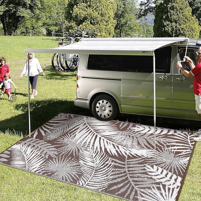 HiiARug Outdoor Rug 6x9Ft Outdoor Plastic Straw Rug Waterproof Outdoor Rugs for Patios Clearance Large Reversible Patio Mat Outdoor Area Rug for Patios Deck Beach RV Camper Backyard,Brown&White-VerdiqueGarden