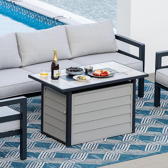 Nuu Garden 43'' Patio Propane Fire Pit Table, 50,000 BTU Gas Fire Pit with Marble-Textured Glass Top, Wind Guard, Lid, Glass Beads, CSA-Certified, 2-in-1 Outdoor Table for Gatherings, Ivory White-VerdiqueGarden