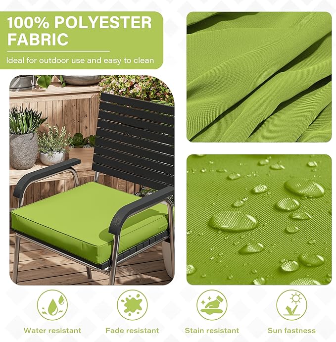 Patio Chair Cushions 17 X 16 X 3 Inch Waterproof Outdoor Seat Cushions for Patio Furniture, Outdoor Sofa Couch Pads with Ties & Handle, Set of 2, Grass Green-VerdiqueGarden