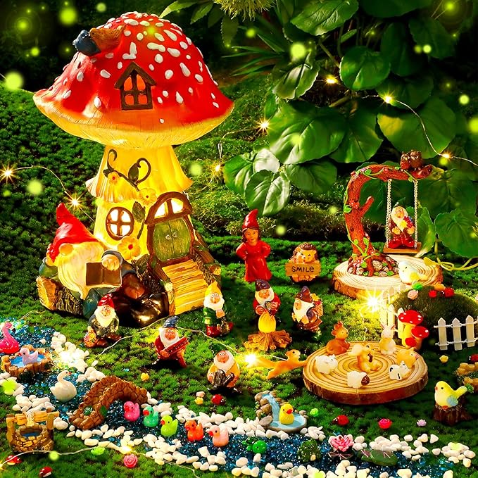 HyDren 100 Sets Garden Gnome Statue Set Mushroom House Solar Light Gnome Miniatures Figures Decor Fairy Resin Statues Garden Accessories for Yard Patio Lawn Outdoor Micro Landscape Ornaments-VerdiqueGarden