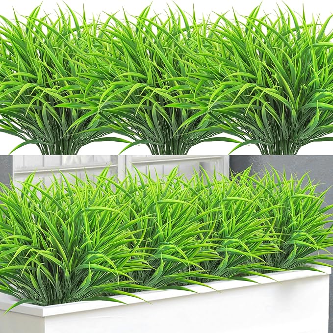 Ouddy Decor 16 Bundles Artificial Plants Outdoor Fake Grass Greenery Stems UV Resistant Faux Plastic Shrubs for Spring Summer Garden Pathway Window Box Front Porch Home Decor, Green-VerdiqueGarden