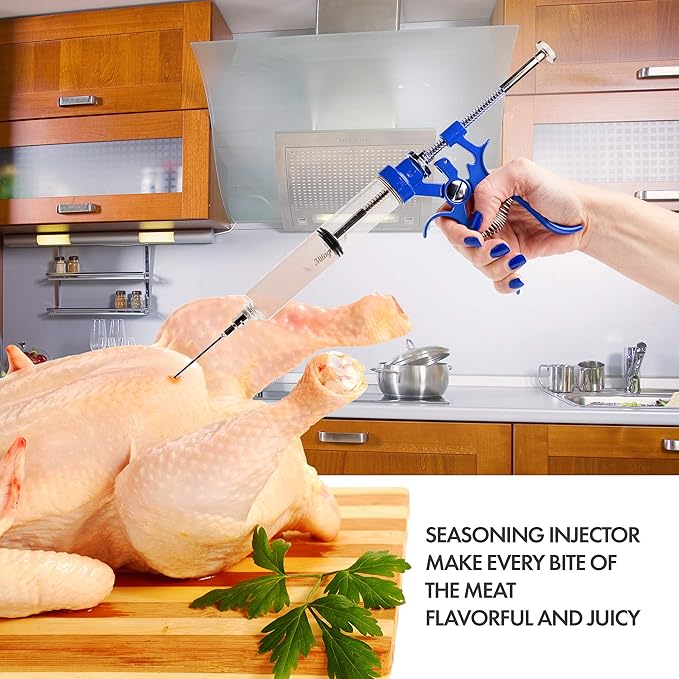 Meat Injector Marinade Gun Stainless Steel Outdoor Kit Flavor Food Syringes & 4 Marinades Needles for BBQ Grill Smoker Injectors Professional Syringe Held Culinary Barbecue Tool (Blue)-VerdiqueGarden