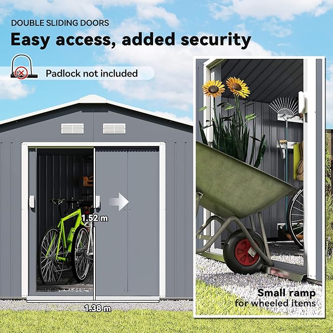 Outsunny 11' x 13' Outdoor Storage Shed, Garden Tool Metal Shed with Foundation Kit, Double Lockable Door, Air Vents and Sloping Roof, for Backyard, Patio, Lawn, Dark Gray-VerdiqueGarden