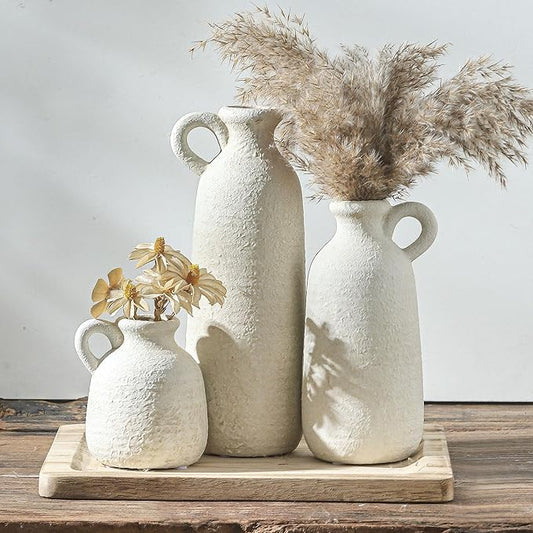 Ceramic Vase Set of 3 with Handle, Neutral Rustic Vases Home Decor Farmhouse Decorative Vase Whitewashed Pottery Decor Modern for Table Mantel Entryway Bookshelf Living Room Kitchen Bedroom - White-VerdiqueGarden