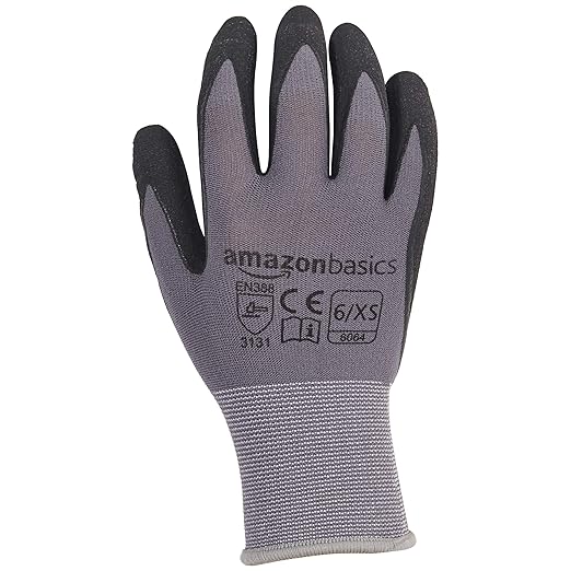 Amazon Basics Micro-Foam Nitrile Coated Work Gloves, Nylon Liner Fiber, Touch Screen, Grey, Size 6/XS, 12-Pair-VerdiqueGarden