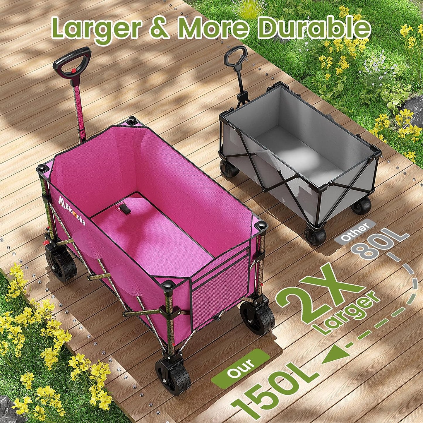 Collapsible Wagon Cart, 150L Heavy Duty Foldable Beach Wagon with Wider Wheels & Auto-Rebound Handle, Utility Grocery Shopping Cart for Garden, Shopping, Camping, Sports, Pink-VerdiqueGarden