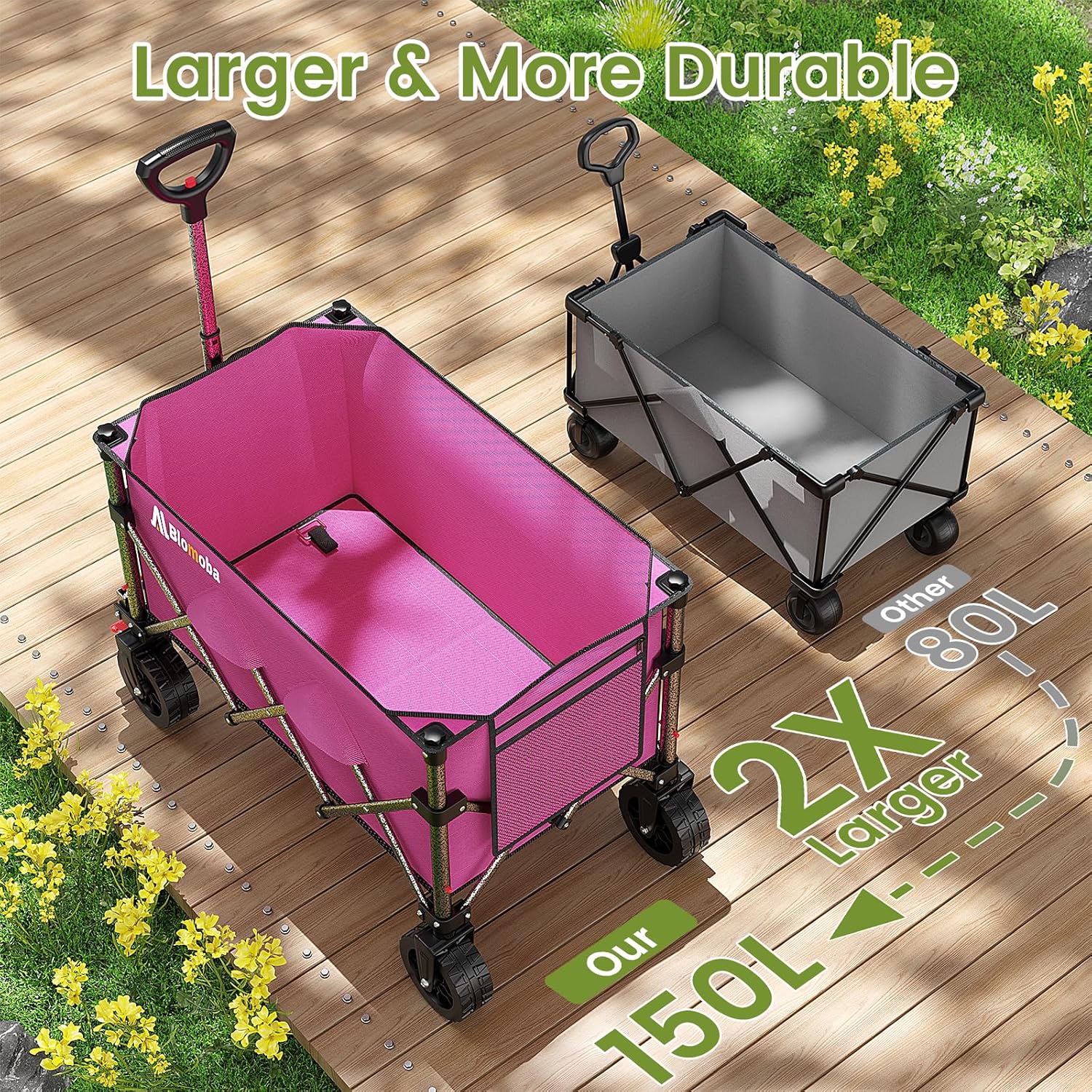 Collapsible Wagon Cart, 150L Heavy Duty Foldable Beach Wagon with Wider Wheels & Auto-Rebound Handle, Utility Grocery Shopping Cart for Garden, Shopping, Camping, Sports, Pink-VerdiqueGarden