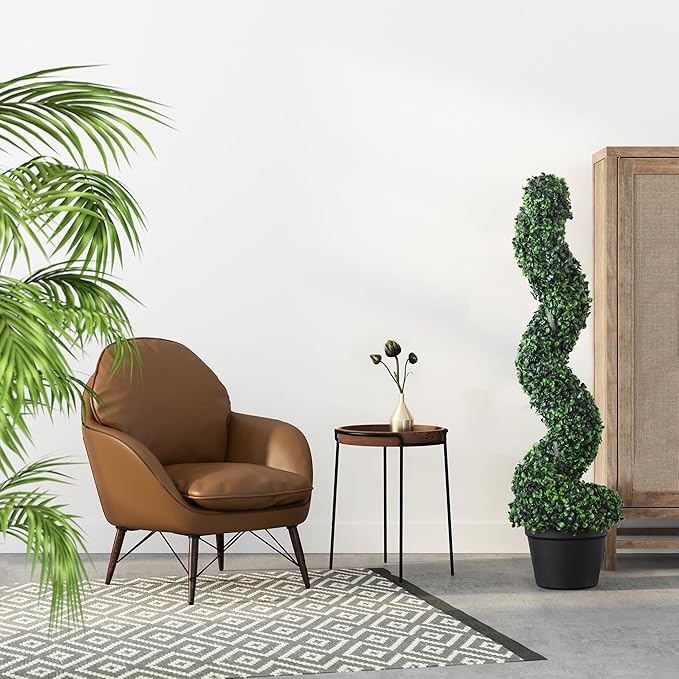 39 inchBoxwood Artificial Cedar Spiral Topiary Trees – Decorative Fake Greenery in Planter Pots for Front Porch, Outdoor Walkway, Entryway Decorating, Set of 2-VerdiqueGarden