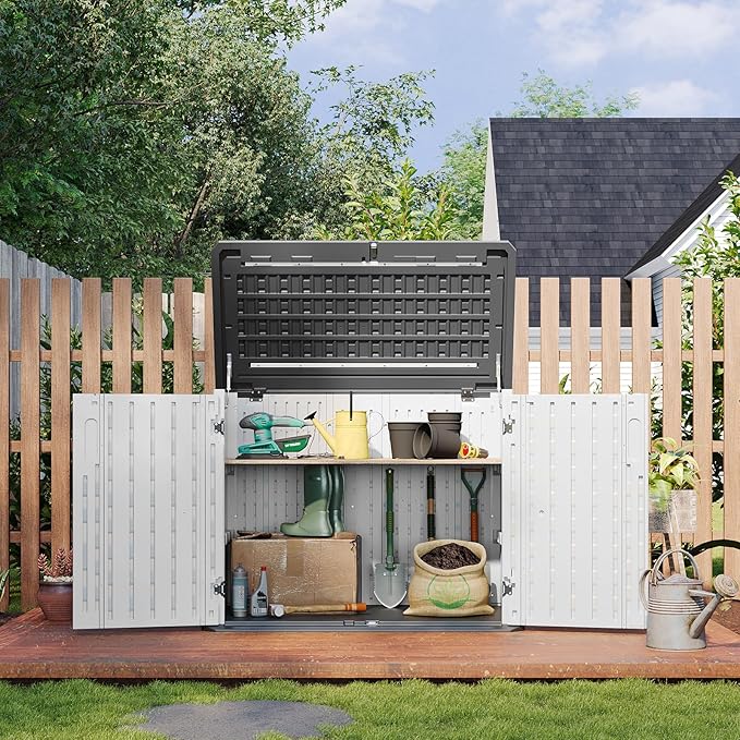 Aoxun Outdoor Storage Cabinet 35 Cu.Ft Outdoor Trash Can Storage Shed Waterproof Horizontal Storage Shed Outdoor Storage for Garbage Bin, Generator, and Lawn Mower (White)-VerdiqueGarden