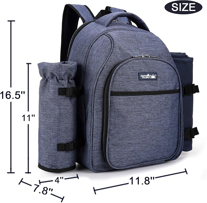 Apollo Walker Picnic Backpack Bag for 2 Person with Cooler Compartment, Detachable Bottle/Wine Holder, Fleece Blanket, Plates and Cutlery Set (2 Person, Navy)-VerdiqueGarden