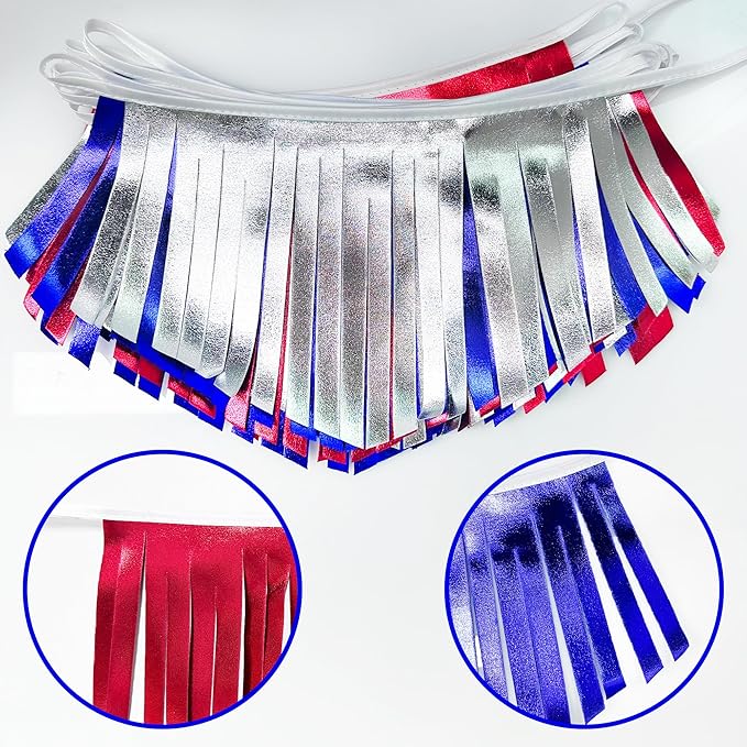 Blue Red Silver Tassel Banner Metallic Fabric Pennant Bunting Flag for 4th of July American USA National Day Patriotic Veterans Graduation Wedding Birthday Retirement Nautical Party Decorations-VerdiqueGarden