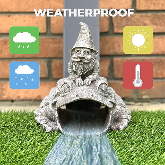 Gutter Downspout Extension - Downspout Splash Block - Downspout Diverter Garden Statue (Gutter in The Form of Funny Gnome on a Frog)-VerdiqueGarden