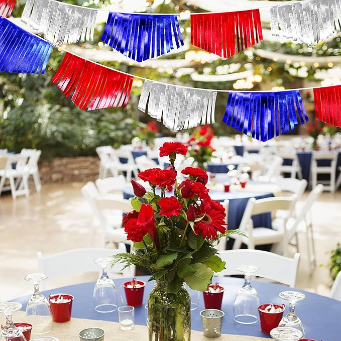 Blue Red Silver Tassel Banner Metallic Fabric Pennant Bunting Flag for 4th of July American USA National Day Patriotic Veterans Graduation Wedding Birthday Retirement Nautical Party Decorations-VerdiqueGarden