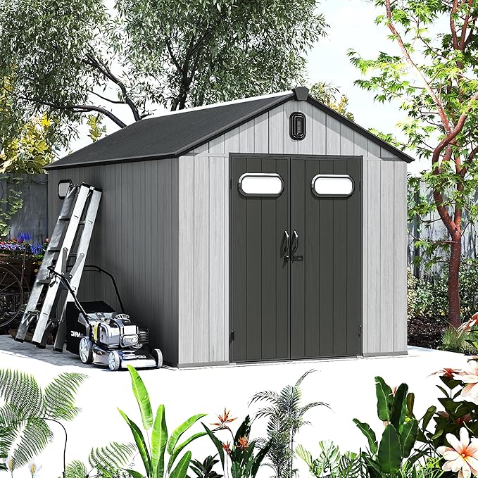 Domi 8x12FT Outdoor Resin Storage Shed with Transparent Windows & Louvered Vents, Plastic Tool Shed with Double Lockable Doors & Gable Roof, Outside Garden Shed for Backyard, Patio, Lawn, Grey-VerdiqueGarden