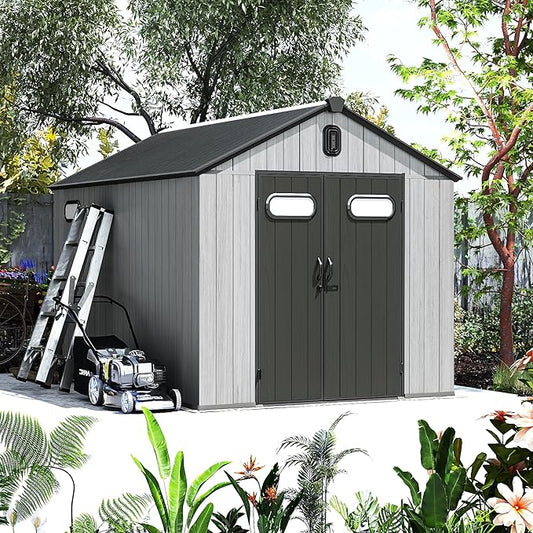 Domi 8x12FT Outdoor Resin Storage Shed with Transparent Windows & Louvered Vents, Plastic Tool Shed with Double Lockable Doors & Gable Roof, Outside Garden Shed for Backyard, Patio, Lawn, Grey-VerdiqueGarden