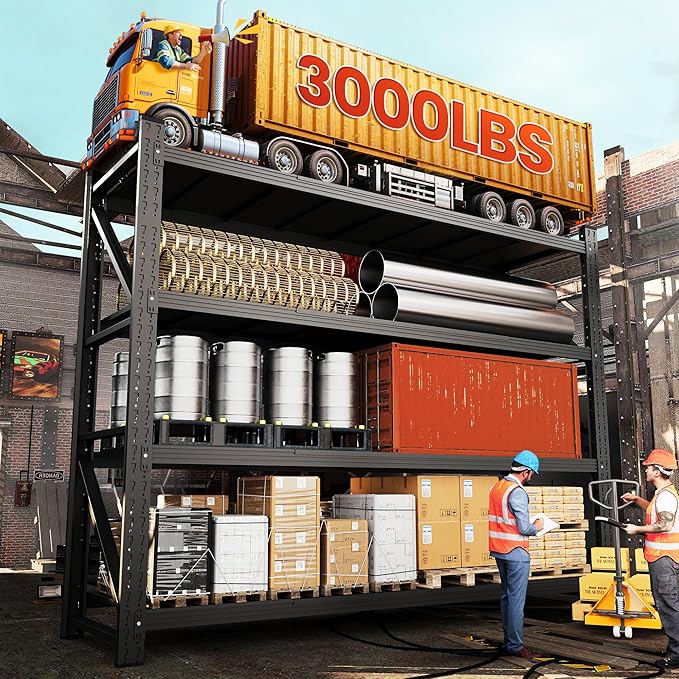 3000LBS Metal Storage Shelves, 48” W Heavy Duty Garage Shelving Units, 4 Tier Storage rack shelf, Steel Industrial Shelving , Adjustable Standing Shelf for Basement/Warehouse 48"W x 24"D x 70"H, Black-VerdiqueGarden