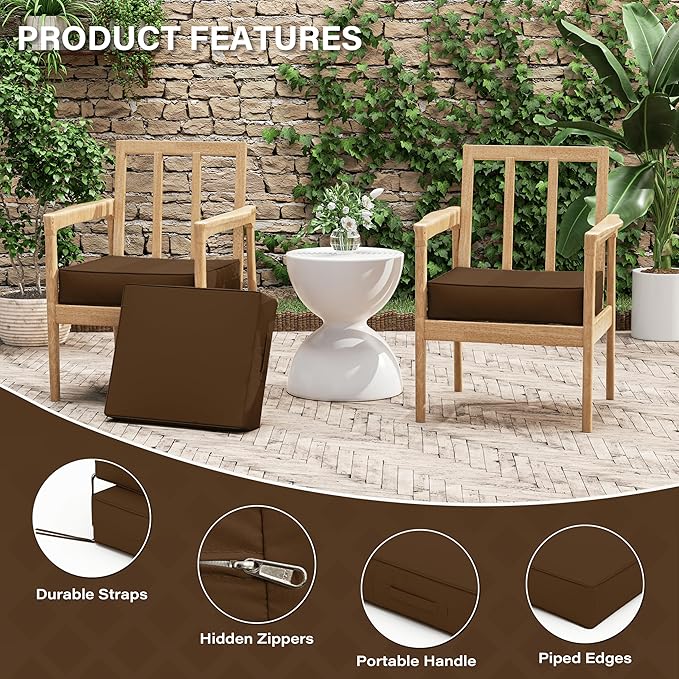 Patio Chair Cushions 18.5 X 16 X 4 Inch Waterproof Outdoor Seat Cushions for Patio Furniture, Outdoor Sofa Couch Pads with Ties & Handle, Set of 2, Chocolate-VerdiqueGarden