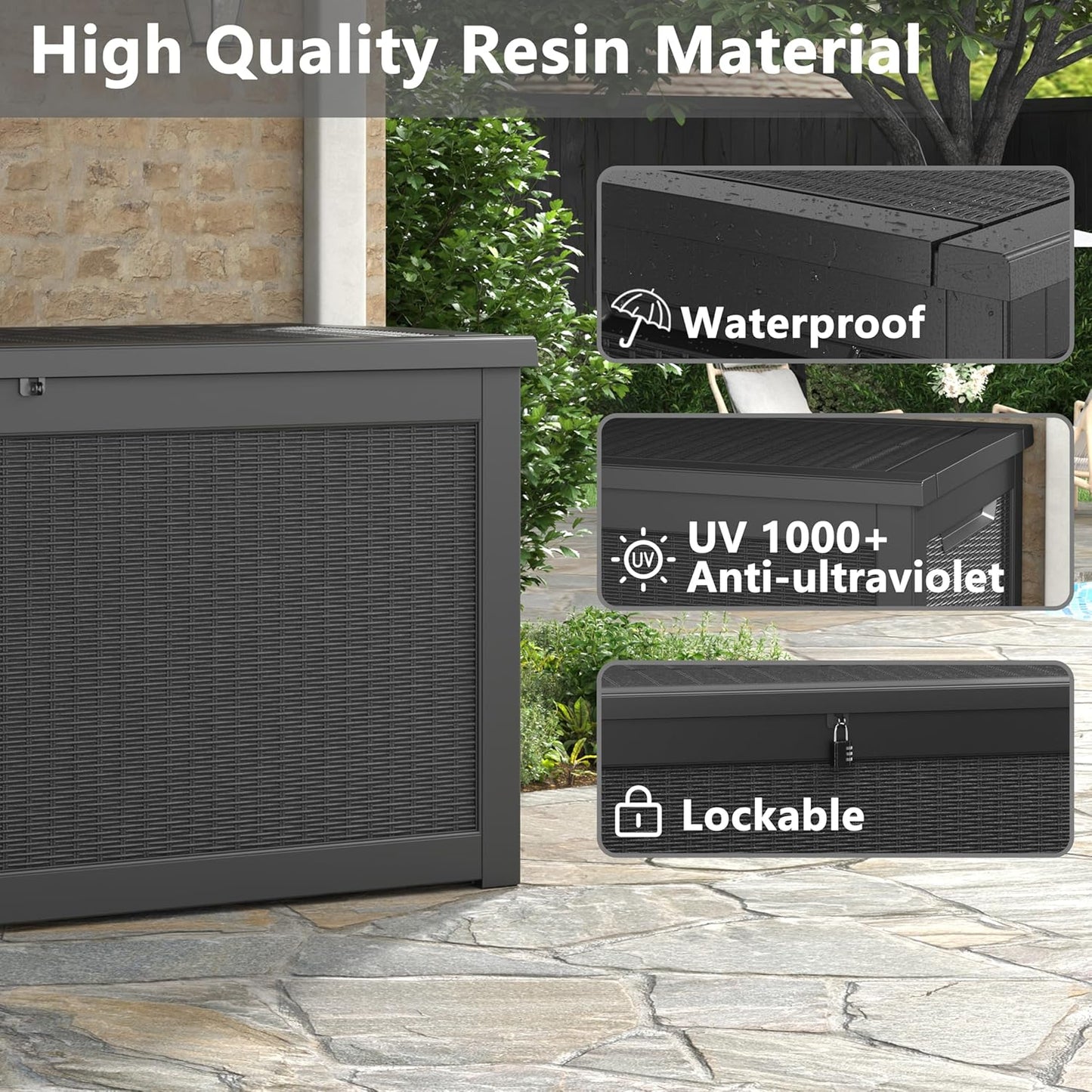 260 Gallon Resin Deck Box, Large Indoor and Outdoor Storage Box, Weatherproof and UV Resistant Outdoor Storage Box with Built-in Steel Beams for Patio Cushions, Pool Supplies-VerdiqueGarden