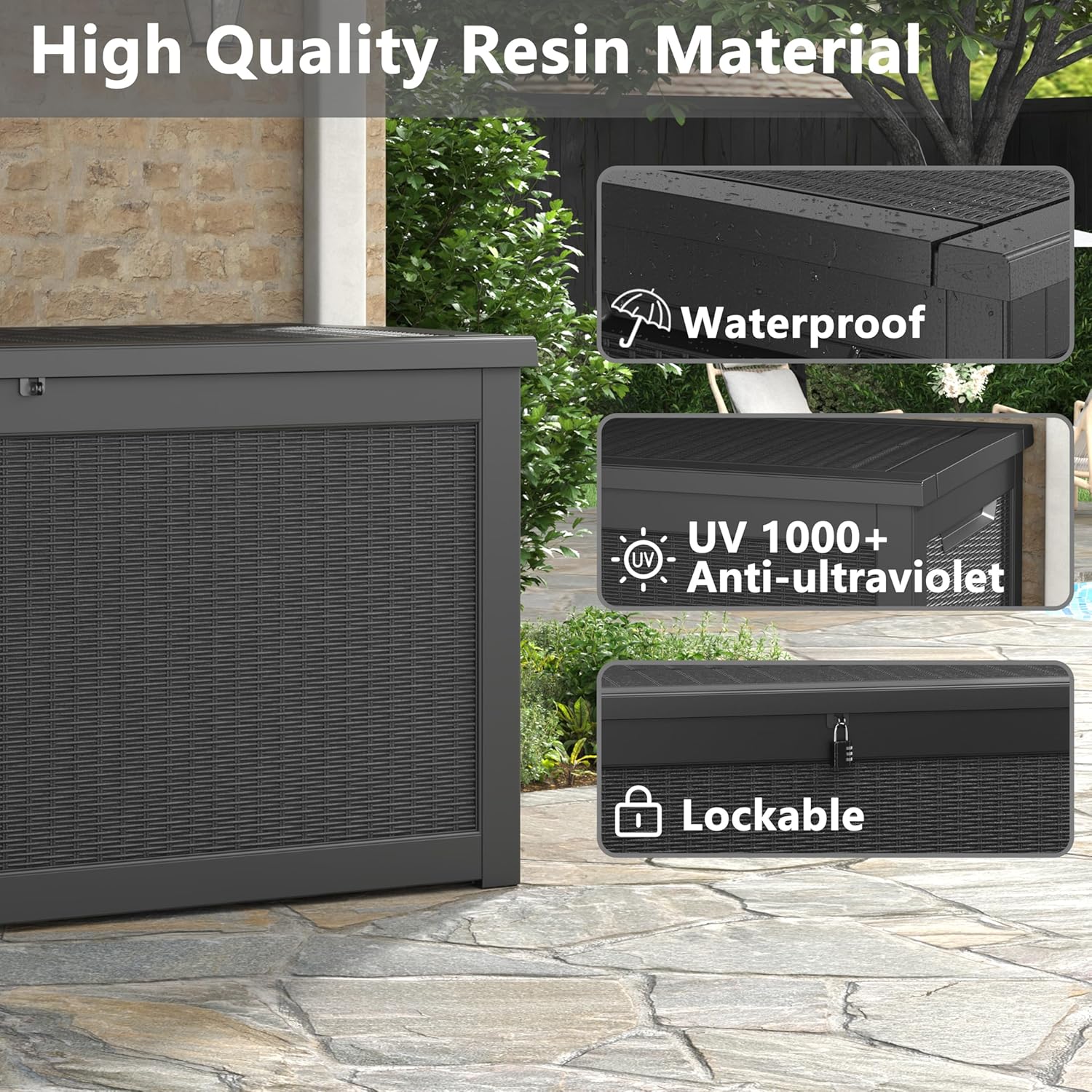 260 Gallon Resin Deck Box, Large Indoor and Outdoor Storage Box, Weatherproof and UV Resistant Outdoor Storage Box with Built-in Steel Beams for Patio Cushions, Pool Supplies-VerdiqueGarden