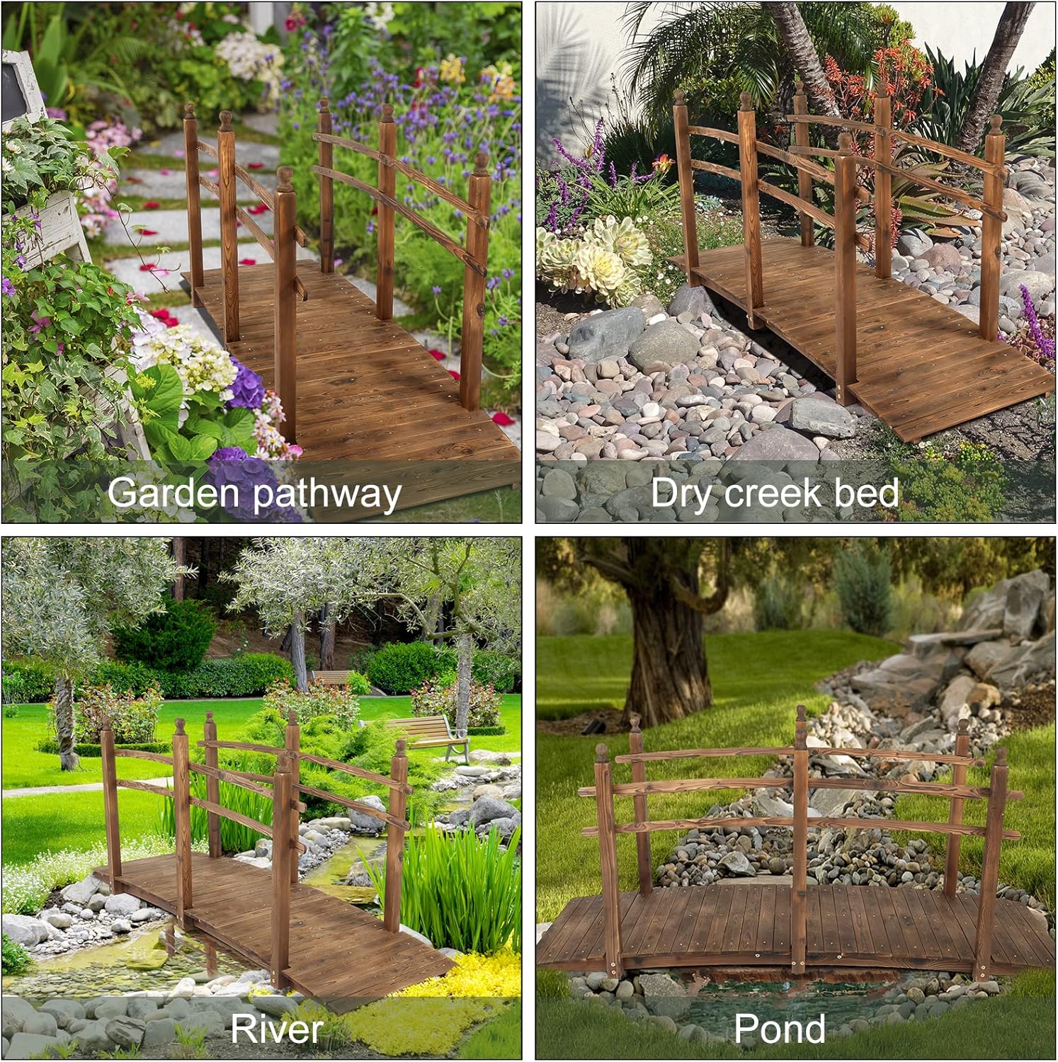VINGLI 7.5 ft Garden Bridge, Arch Walkway Wooden Bridge with Safety Rails Stained Finished, Decorative Landscaping Footbridge for Koi Pond, Dry Creek Bed, Garden Pathway or Rustic Wedding Decor-VerdiqueGarden