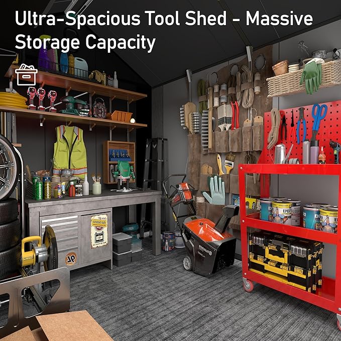 Domi 8x10 FT Outdoor Resin Storage Shed, All-Weather Double-Wall Garden Shed for Backyard, Lawn Tools, Bike, Mower & Pool Equipment with Lockable Doors, Ventilated Roof, Grey-VerdiqueGarden