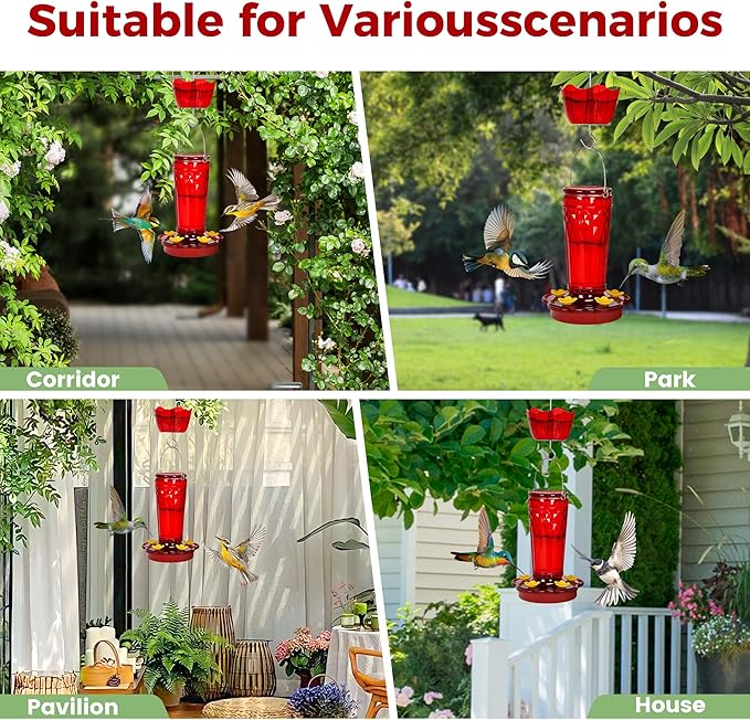 Hummingbird Feeder 2pack-14Ounces，5 Feeding Ports Glass Hummingbird feeders for Outdoors,Wide Mouth for Easy Filling/Cleaning，Hanging for Garden Backyard Decor, Includes Ant Moat (Red)-VerdiqueGarden