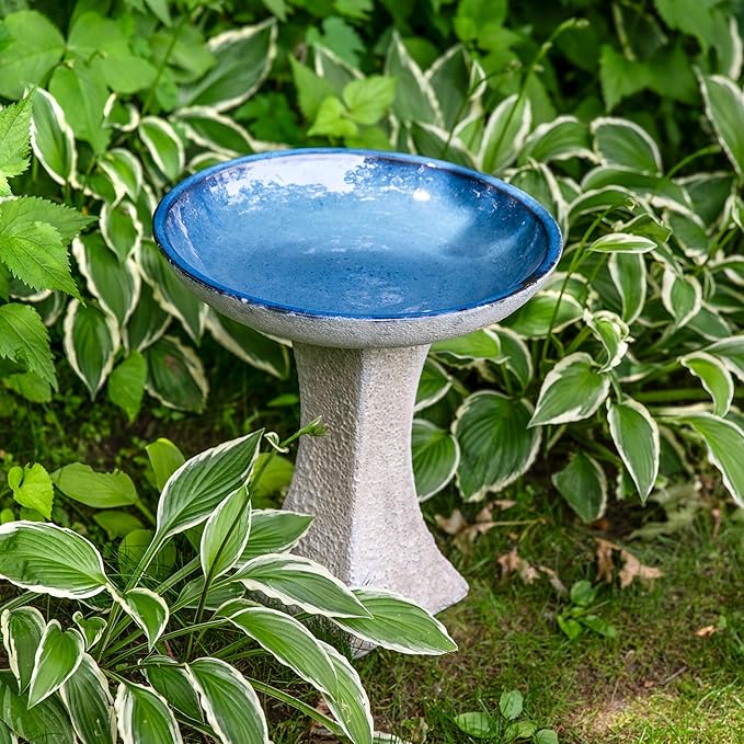 Sunnydaze Ceramic Bird Bath for Outside - 16" H - UV- and Frost-Resistant - Pedestal Bird Bath - Blue Glazed Bowl - White Lava Finish-VerdiqueGarden