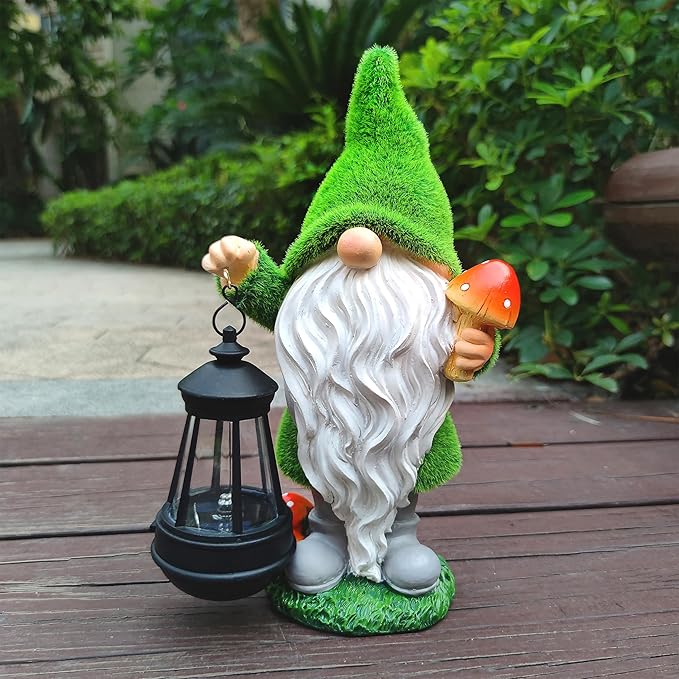 Solar Gnomes Garden Statues,Resin Gnome Figurine Holding Mushroom and Solar Lights Lantern,Outdoor Yard Art Decorations for Garden Patio Lawn-VerdiqueGarden