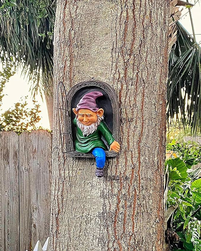 Elenon Elf Out The Door Gnome Tree Faces Decor Outdoor for Yard, Adorable Gnome Tree Hugger Fairy Door Statue for Tree, Funny Garden Tree Peeker Sculpture Yard Patio Art-VerdiqueGarden