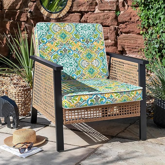 LVTXIII Patio Chair Cushions 22"x22"x3", Water-Repellent Outdoor Seat Cushions for Patio Furniture, Square Chair Pads with Ties for Home Garden Decoration, Set of 2, Damask Green-VerdiqueGarden