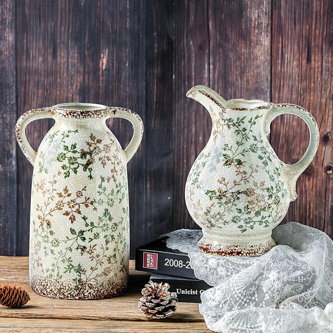 Enra Large Vintage Green Ceramic Vase and Pitcher for Home Decor, 9.7 Inch Rustic Chinoiserie Decorative Vases, Green and Beige Ceramic Vases for Living Room, Kitchen, Office – Large Vases for Decor-VerdiqueGarden