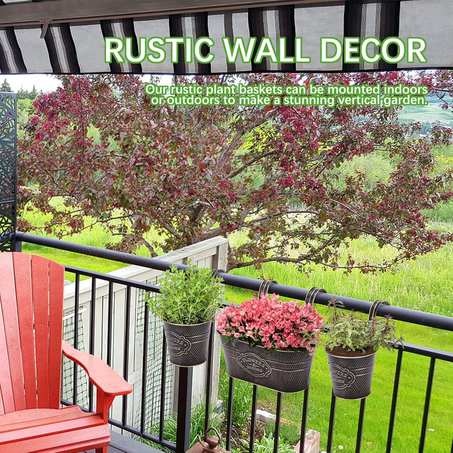 PerGar Vintage Metal Iron Wall Hanging Flower Pots, Rustic Planter Bucket Herb Flower Plant Holder with Detachable Hooks & Drainage Hole for Railing Fence Balcony Deck Garden Home Decoration, Set of 3-VerdiqueGarden