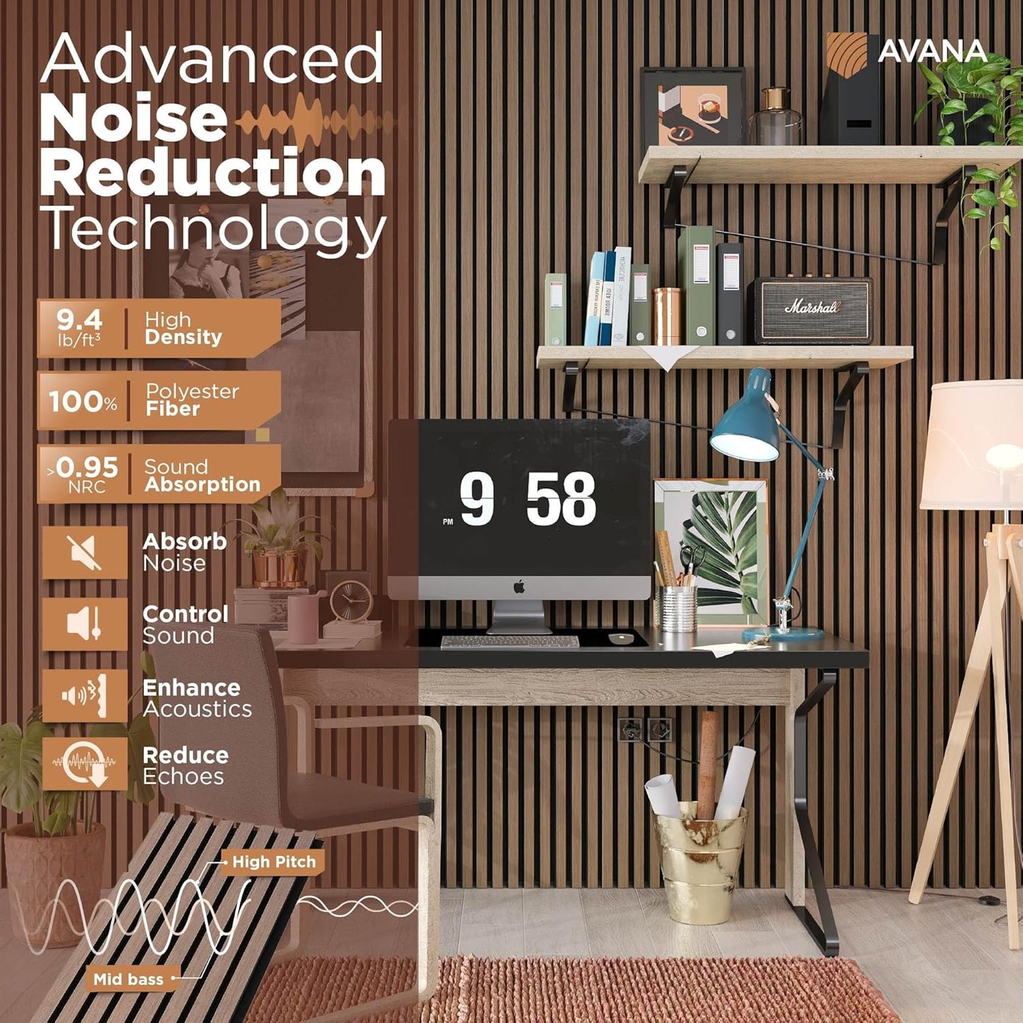 Avana Modern Acoustic Wood Wall Panels – 94.4 X 12.6 Inch Smoke Walnut Acoustic Panels 1 PC – Wall Panels For Interior Wall Decor For Homes, Offices, Studios – Sturdy And Durable Wood Panels For Wall-VerdiqueGarden