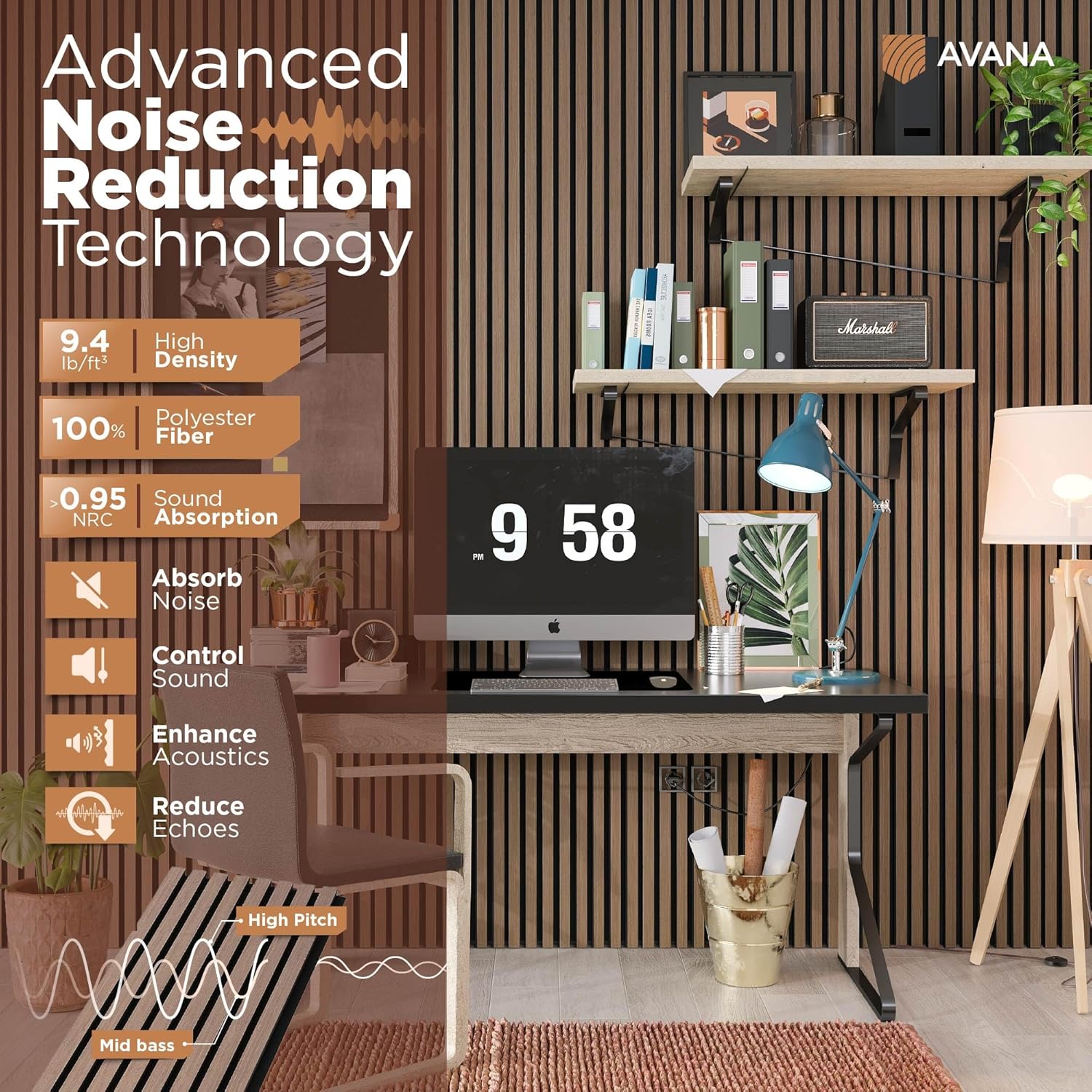 Avana Modern Acoustic Wood Wall Panels – 94.4 X 12.6 Inch Smoke Walnut Acoustic Panels 1 PC – Wall Panels For Interior Wall Decor For Homes, Offices, Studios – Sturdy And Durable Wood Panels For Wall-VerdiqueGarden