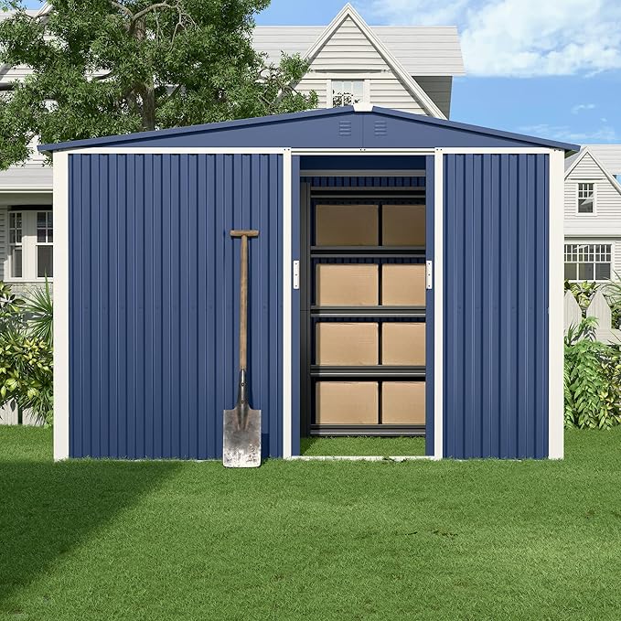 Metal Outdoor Storage Shed 10FT x 6FT with Firewood Storage, Steel Utility Tool Shed Storage House with Sliding Door, Metal Sheds Outdoor Storage for Backyard Garden Patio Lawn, Blue-VerdiqueGarden