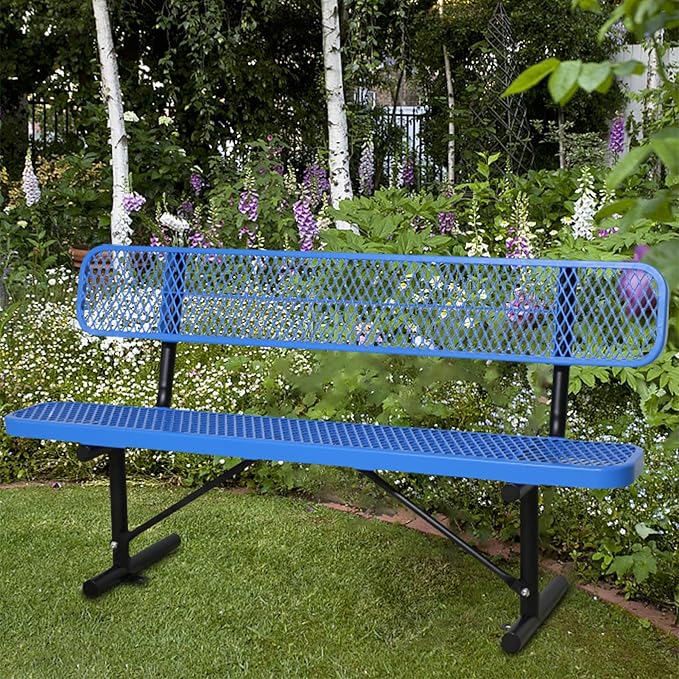 6FT Outdoor Benches Heavy Duty Park Bench with Back Portable Frame, Blue Metal Steel Bench, Outdoor Garden Bench Expanded Metal Mesh Bench for Lawn, Park, Deck, Garden, Patio, Porch, Black (Blue, 6FT)-VerdiqueGarden
