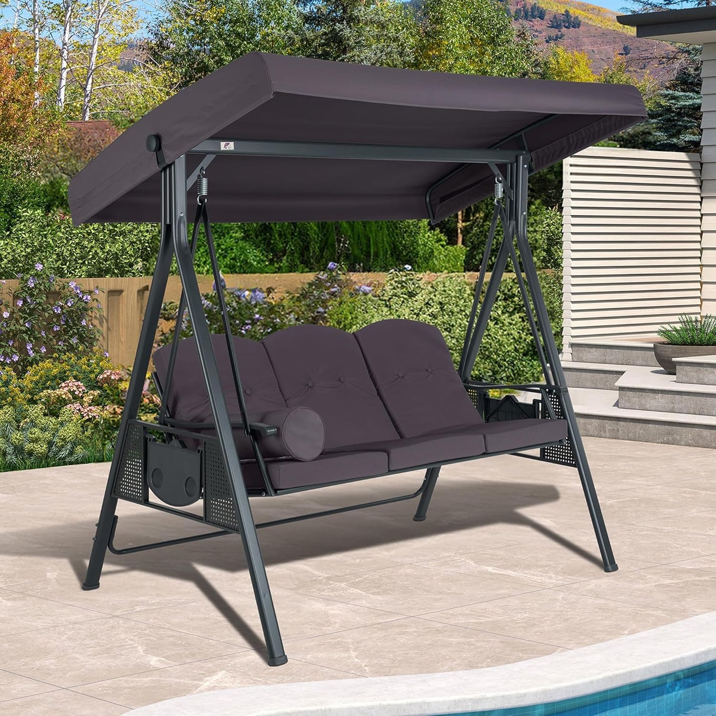 PURPLE LEAF Outdoor Patio Porch Swing with Stand, 3-seat Swing Chair with Adjustable Tilt Canopy All-Weather Steel Frame for Backyard Front Porch Lawn, Cushions and Pillow Included, Grey-VerdiqueGarden