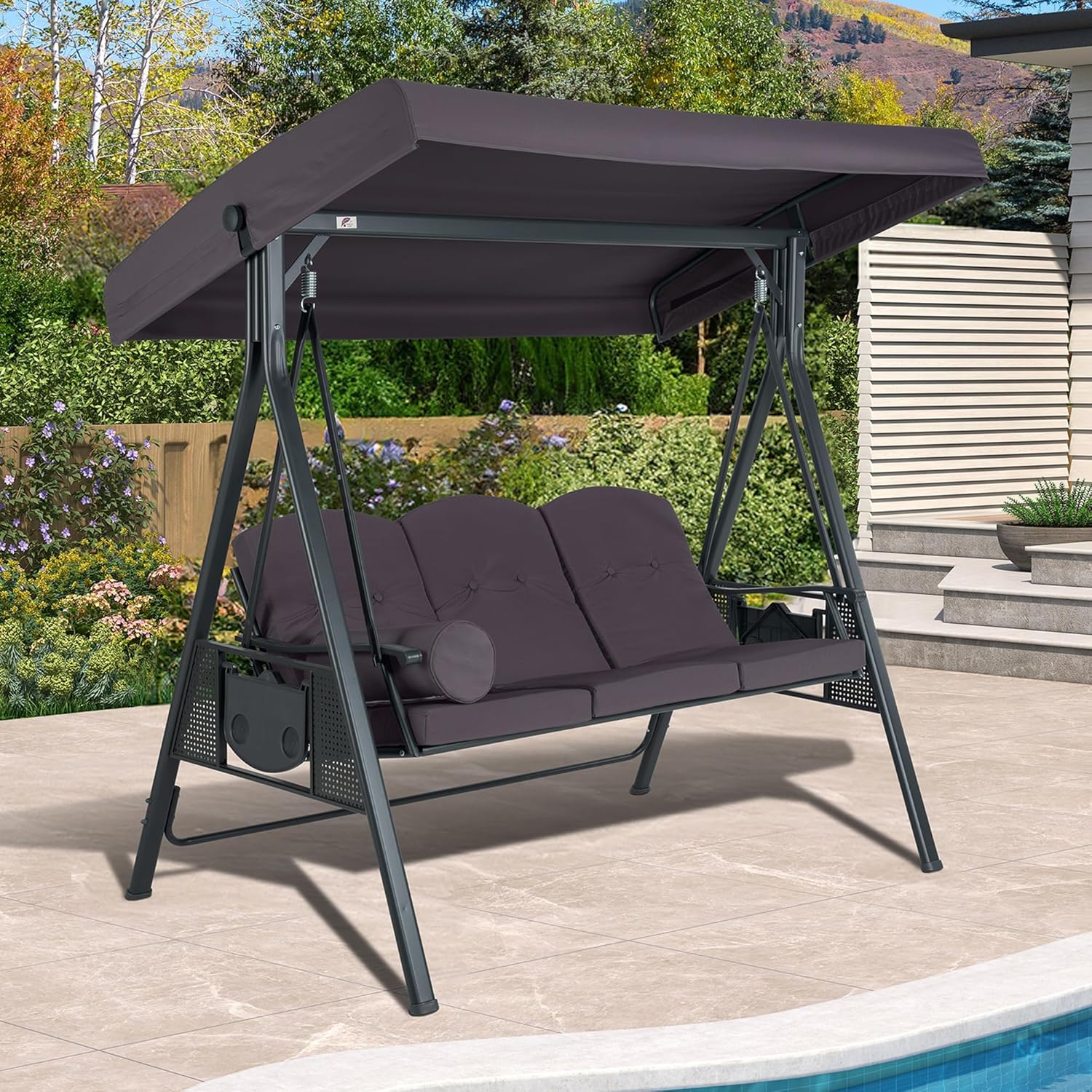 PURPLE LEAF Outdoor Patio Porch Swing with Stand, 3-seat Swing Chair with Adjustable Tilt Canopy All-Weather Steel Frame for Backyard Front Porch Lawn, Cushions and Pillow Included, Grey-VerdiqueGarden