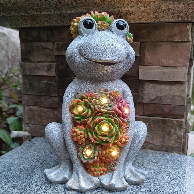 Large Frog Solar Garden Outdoor Statues with Succulent and 8 LED Lights,Outside Solar Frog Art Decor for Lawn,Yard, Balcony Ornament-VerdiqueGarden