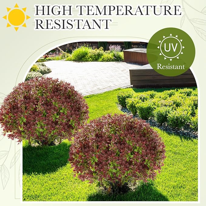 Yunlly 2 Pack 18" Artificial Boxwood Ball Bush Topiary Trees Fake Outdoor Plants, Realistic UV Resistance Faux Shrubs with Spike Greenery Topiary for Front Porch Garden Yard Patio Indoor (Dark Red)-VerdiqueGarden