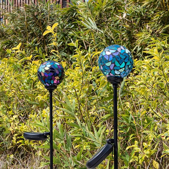 VCUTEKA Solar Garden Decorative Lights Outdoor, Mosaic Solar Light Waterproof LED Pathway Stake Light for Landscape Patio Yard Deck Walkway Decoration, 2 Pack （Blue&Purple）-VerdiqueGarden