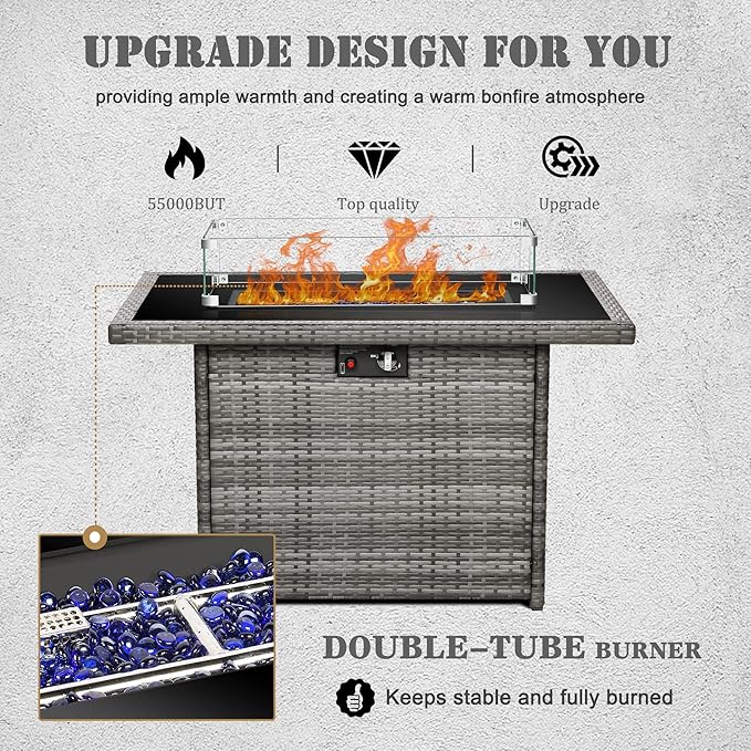 Propane Fire Pit Table,44 Inch 55000 BTU Outdoor Gas Fire Pit Rectangular with Glass Wind Guard for Outside Patio Deck (Gray-Glass Top)-VerdiqueGarden