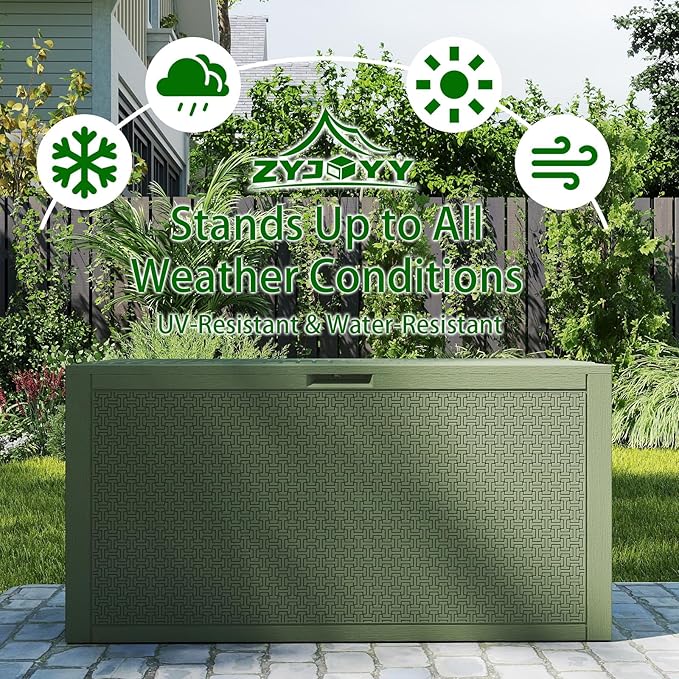 Outdoor Storage Box, 90 Gallon Deck Box, Waterproof Resin Storage Bin for Patio Cushions, Gardening Tools, Lockable, UV Resistant,Olive Green-VerdiqueGarden