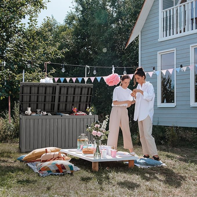 180 Gallon Deck Box,Resin Outdoor Storage Box with Lockable for Patio Furniture, Pool Accessories, Garden Tools Waterproof Outside Storage Box, Grey-VerdiqueGarden