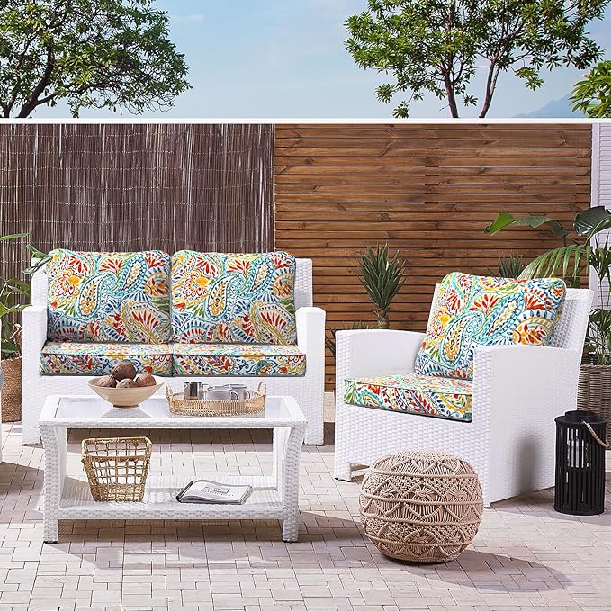 LVTXIII Outdoor Deep Seat Cushion 24"x24"x4" Patio Seat and Back Cushion Set Seasonal Chair Cushion for Dining Arm Chairs, Wicker Chairs and Garden Furniture Decoration, Paisley Multi-VerdiqueGarden