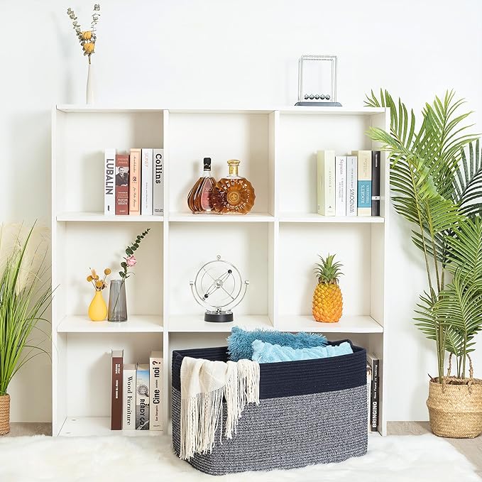 MINTWOOD Design 22in Extra Large Blanket Basket Holder for Living Room, Rectangle Rope Woven Storage Bin with Handles for Laundry, Pool Towels, and Shoes, Dog Toy Box Organizer, Navy Blue-VerdiqueGarden