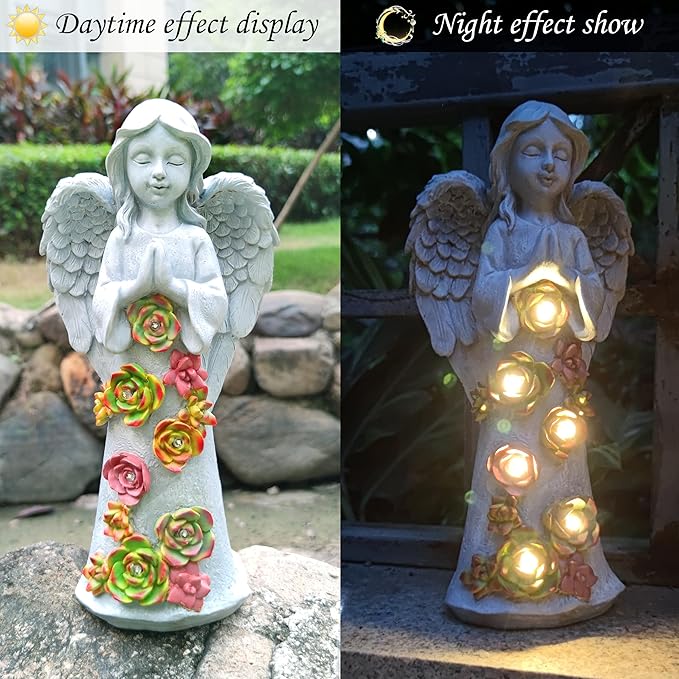 Angel Solar Garden Outdoor Statues with Succulent Plants and 6 LED Lights– Outside Solar Garden Decor Figurines -Remembrance & Sympathy Gifts Decorations-VerdiqueGarden